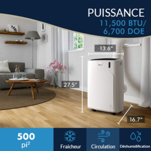 Climatiseur portable 11,500 BTU dans un salon, indiquant les dimensions et les fonctionnalités principales.