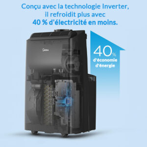 Climatiseur portable Midea 12000 BTU avec technologie Inverter, offrant 40% d'économie d'énergie