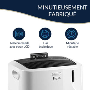 Air climatisé portable avec télécommande LCD, gaz écologique, et minuterie réglable.