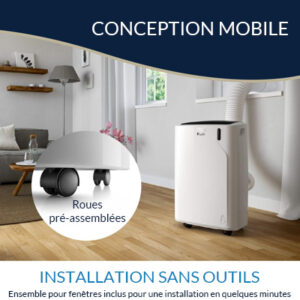 Climatiseur portable avec roues pré-assemblées et installation sans outils dans un salon moderne.