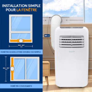 Climatiseur portable Serene-Life 8000 BTU 3-en-1 montrant une installation simple pour fenêtres à guillotine et fenêtres coulissantes