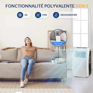 Climatiseur portable Serene-Life 8000 BTU 3-en-1 utilisé dans un salon avec fonctionnalités AC, ventilateur et déshumidificateur