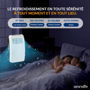 Climatiseur portable Serene-Life 8000 BTU fonctionnant silencieusement dans une chambre à coucher la nuit